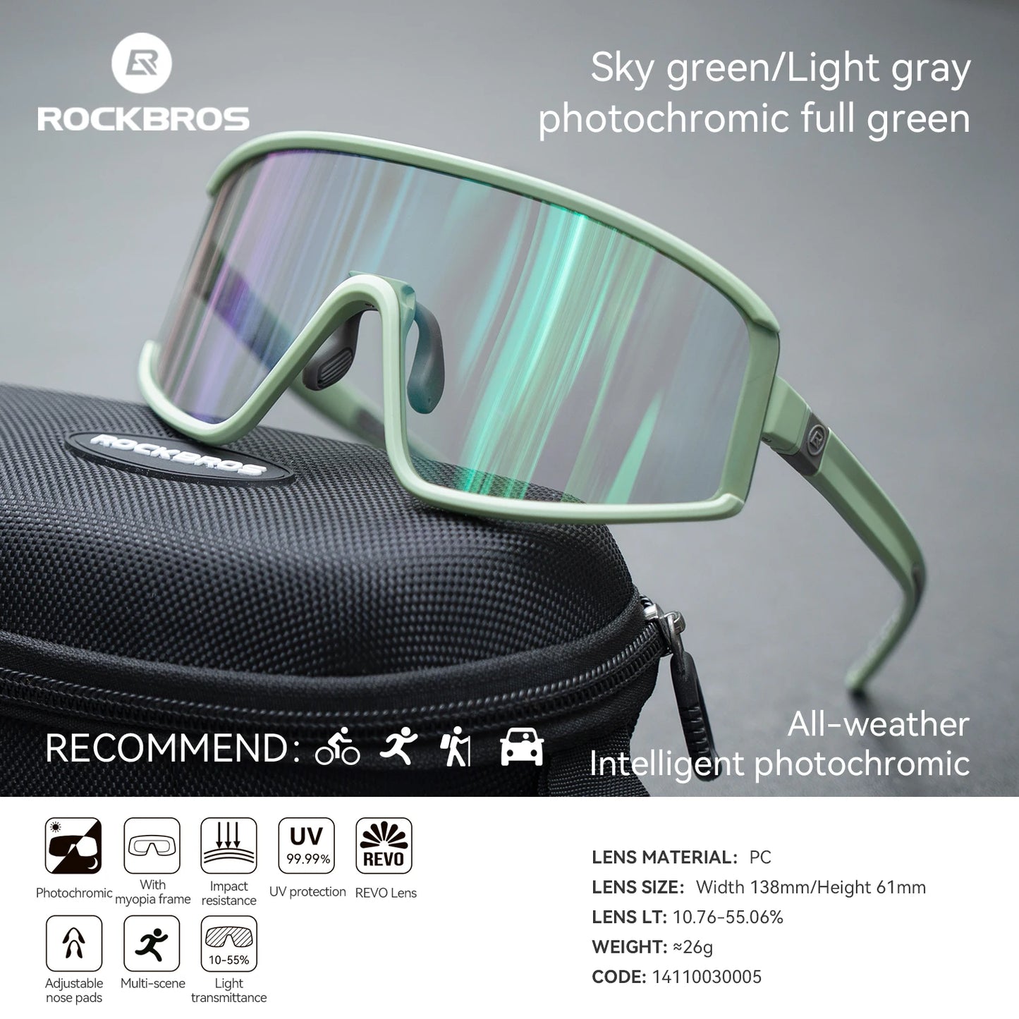 ROCKBROS Occhiali Da Sole Polarizzati UV400 Per Ciclismo All'aperto Unisex Antiappannamento Fotocromatici