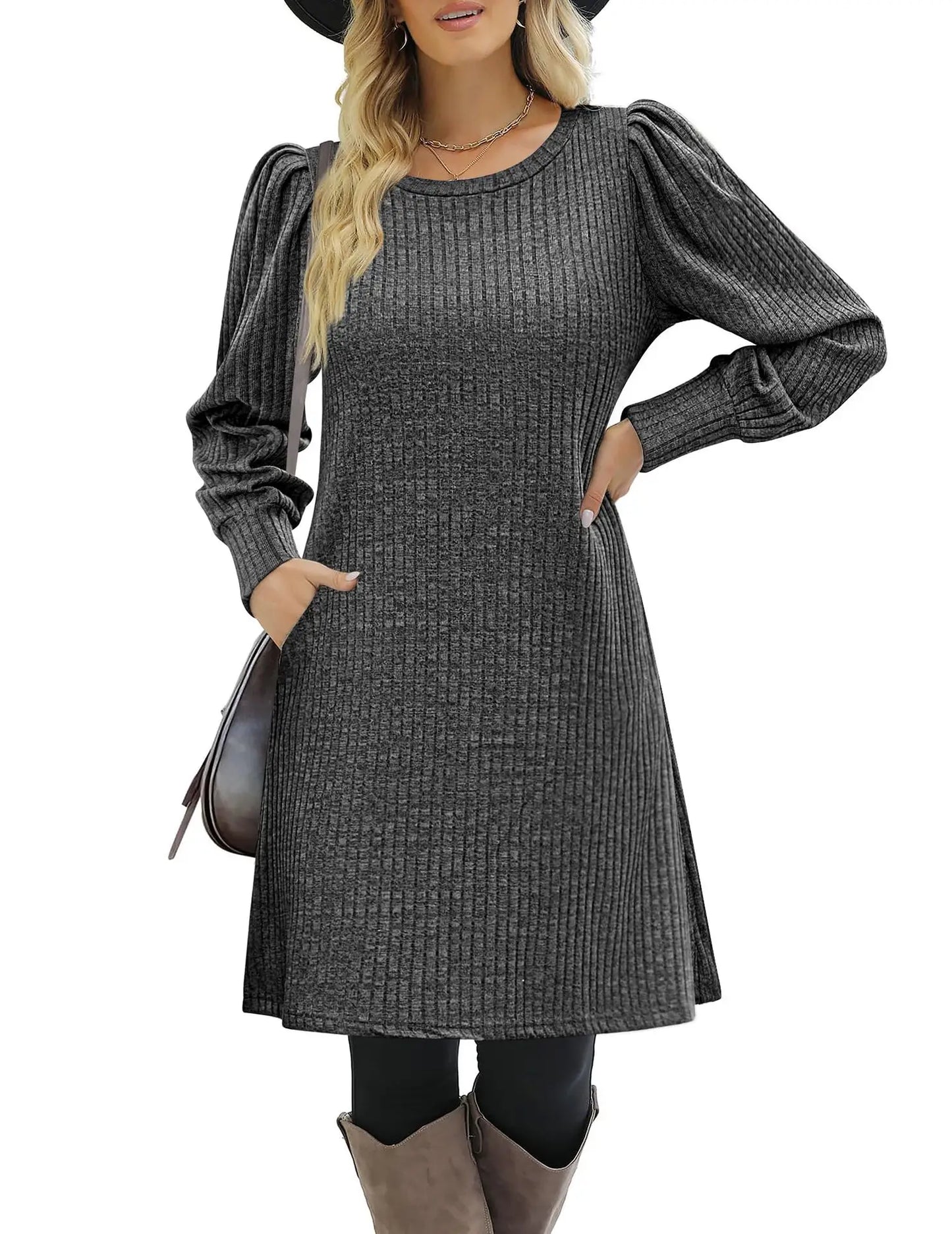 Abito da Donna in Maglia con Maniche a Palloncino e Tasche Laterali Autunno Inverno Comfort Quotidiano