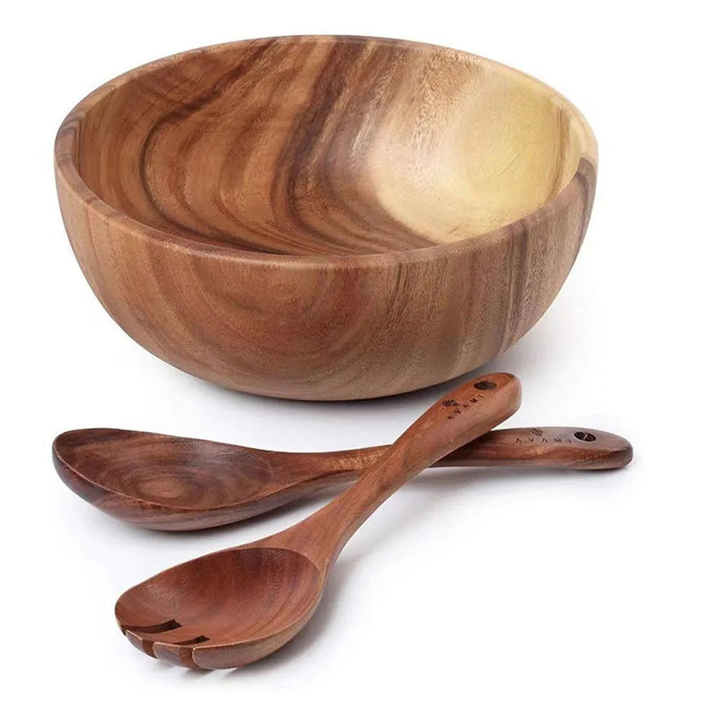 Jaswehome Set Tre Pezzi Ciotole In Legno Di Acacia Naturale Con Cucchiaio E Forchetta Per Servire
