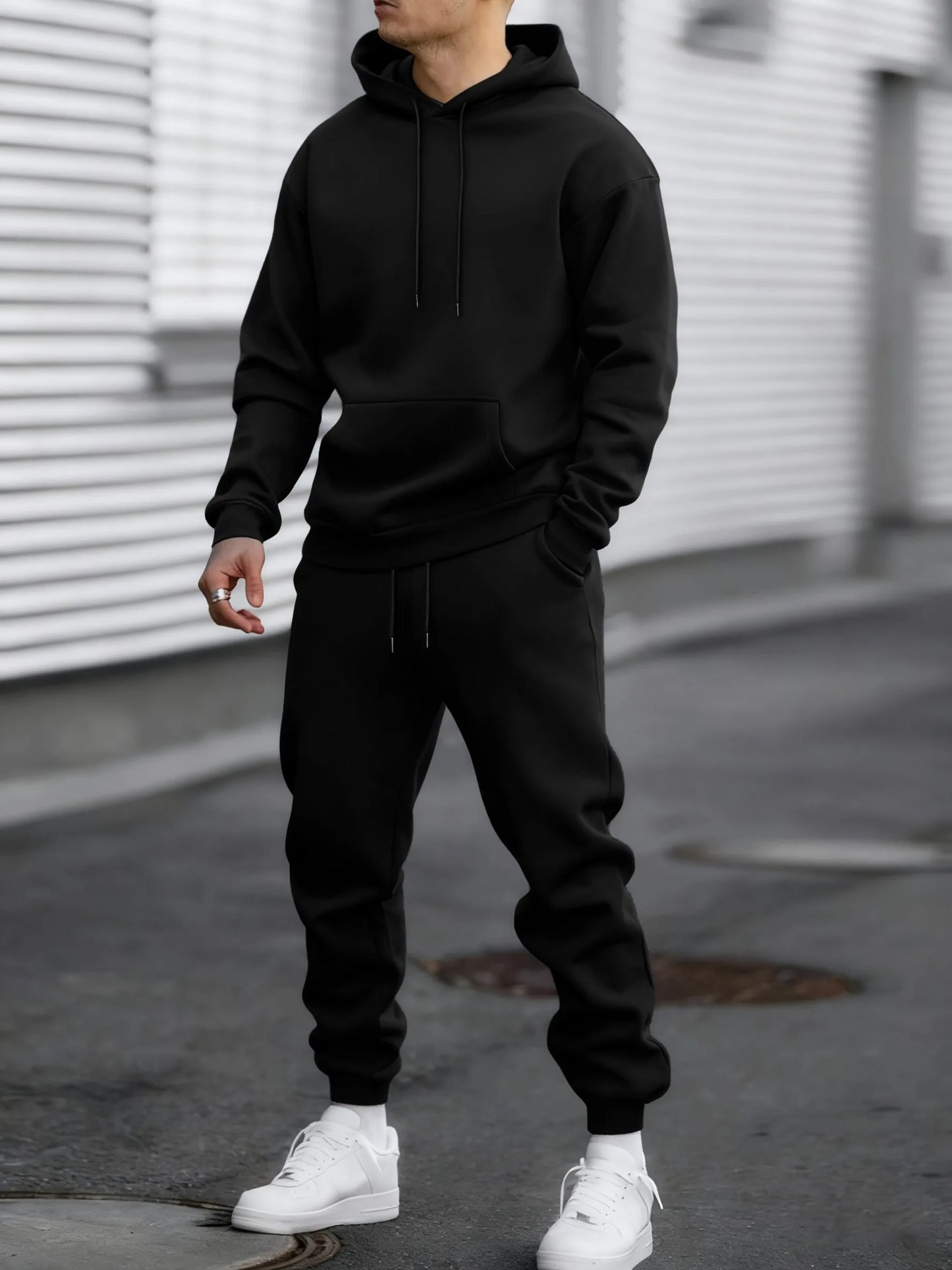 Jogging Solido Nuovo Da Uomo Streetwear All Match Felpa Con Cappuccio Pantaloni Sportivi In Pile Abiti Larghi Autunno