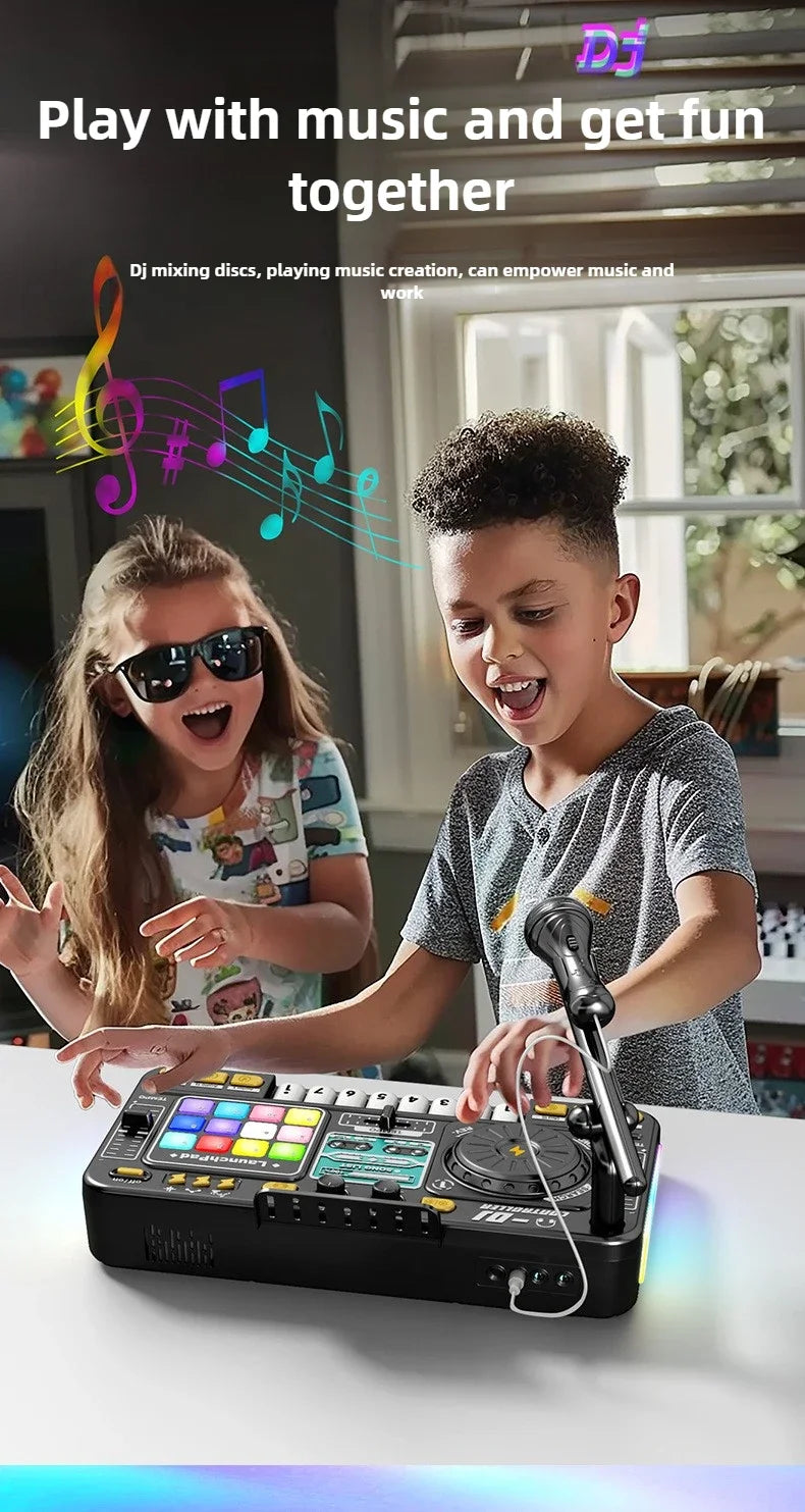 Controller DJ per bambini Mixer giocattolo musicale con microfono Luce a LED Gioco musicale elettronico Giradischi DJ per regali di compleanno per bambini