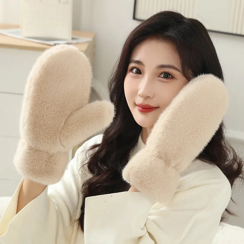 Guanti In Peluche Spessi E Caldi Con Cashmere E Pelliccia Di Coniglio Imitazione Per Donne Antivento Con Dita Intere
