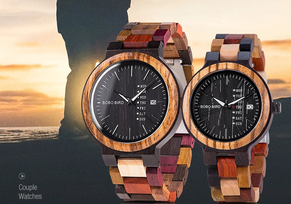 Orologio In Legno Unisex Quarzo Settimana Data Coppia Cinturino Colorato Logo Personalizzato Regalo Dropship