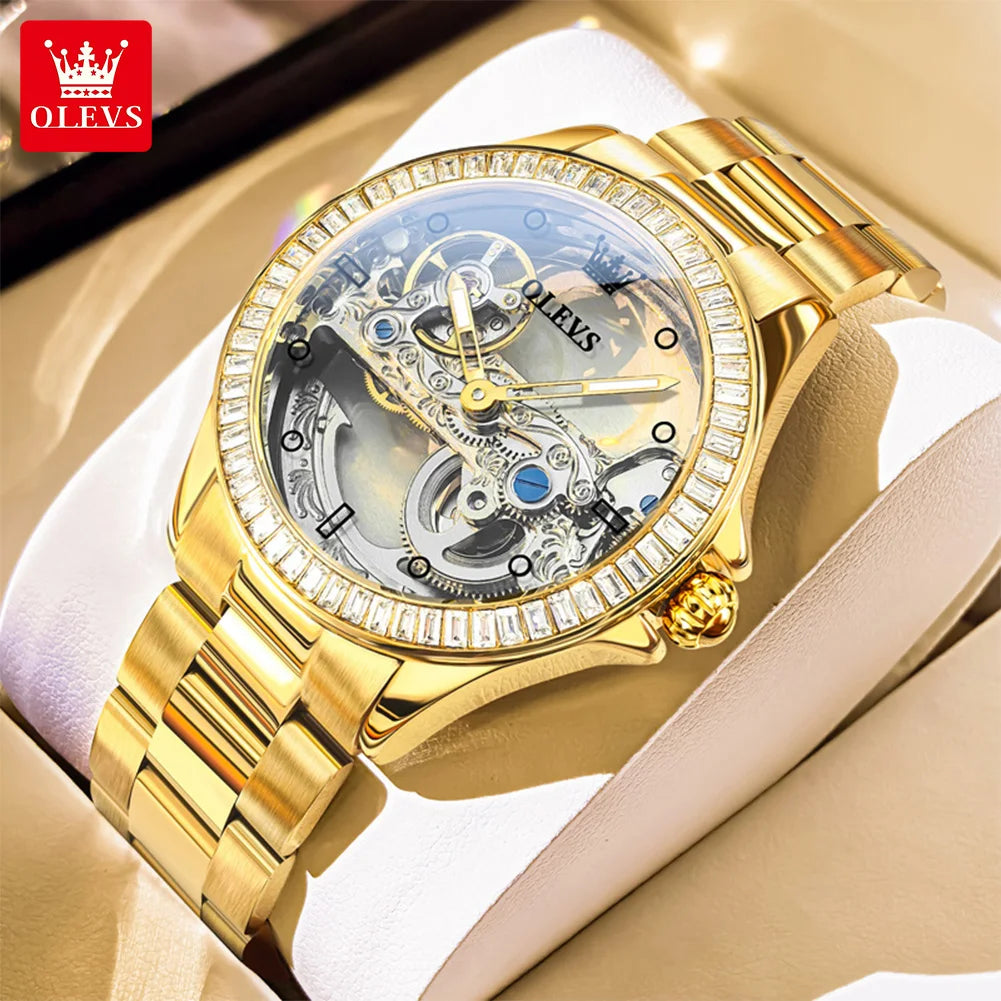 OLEVS 6699 Orologio Meccanico Da Donna Con Lunetta Diamanti Lusso Automatico Di Marca