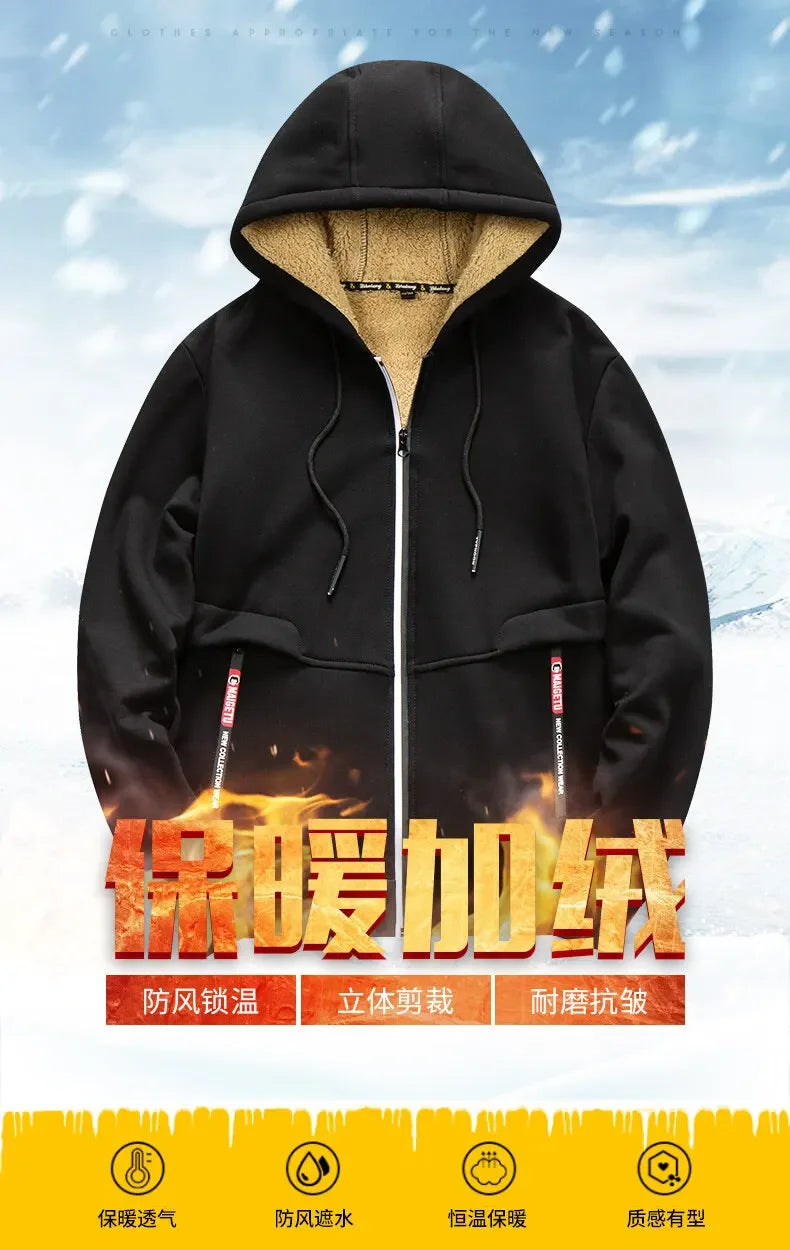 Felpa con Cappuccio Calda da Uomo con Fodera in Pile di Agnello Spessa Zip Antivento Abbigliamento Sportivo Casual