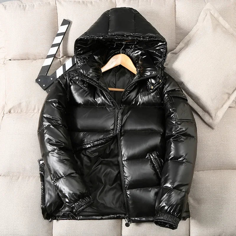 Parka Invernale Uomo Lucido Con Cappuccio Cerniera Spesso Caldo Piumino Anatra Bianca