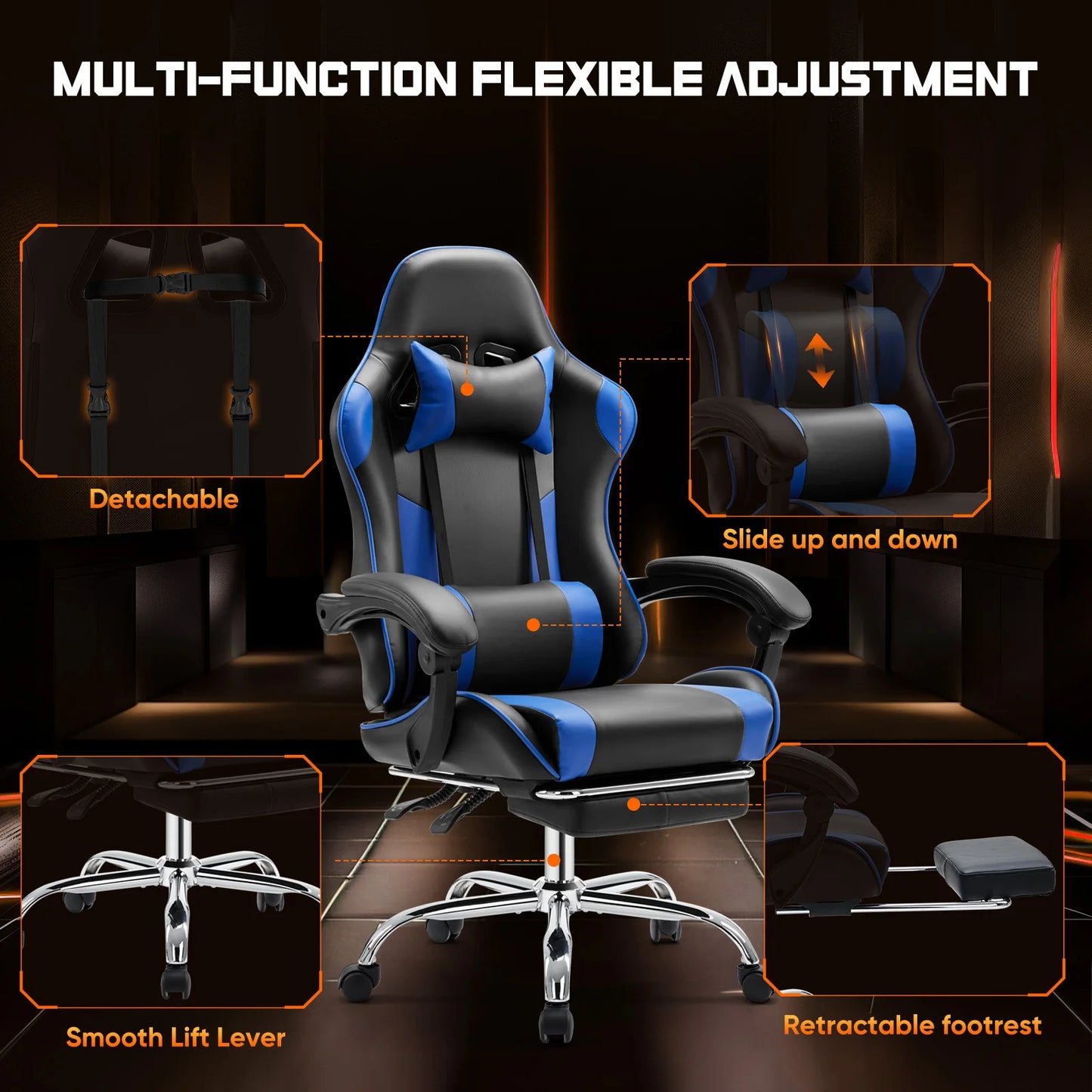 JHK Sedia Da Gioco Ergonomica Da Corsa Girevole Regolabile In Pelle PU Con Poggiatesta E Supporto Lombare Per Ufficio