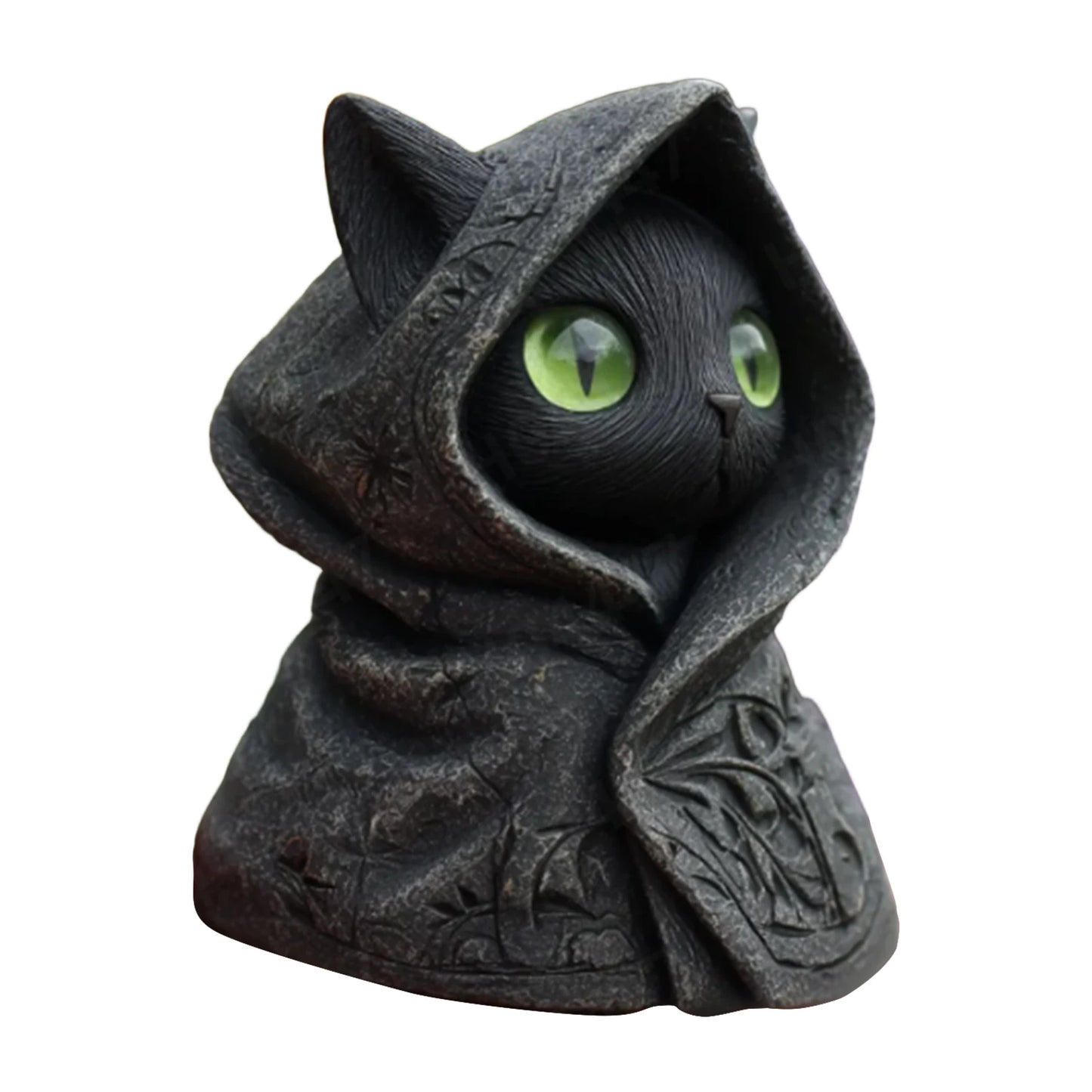 Statuetta Misteriosa Del Gatto Con Cappuccio Nero Gotico In Resina Con Mantello Nero E Occhi Verdi Per Collezione