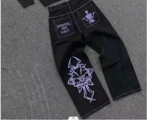 Jeans Vintage Streetwear Y2K Da Donna Tasca Con Paillettes Blu Lavato Pantaloni Larghi Vita Media