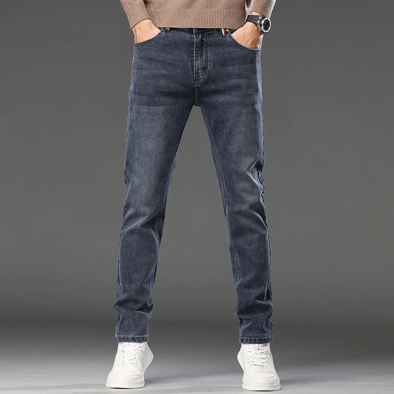 Jeans Uomo Slim Fit A Gamba Dritta Stile Europeo Pantaloni Lunghi Elasticizzati Casual Da Lavoro Versatili