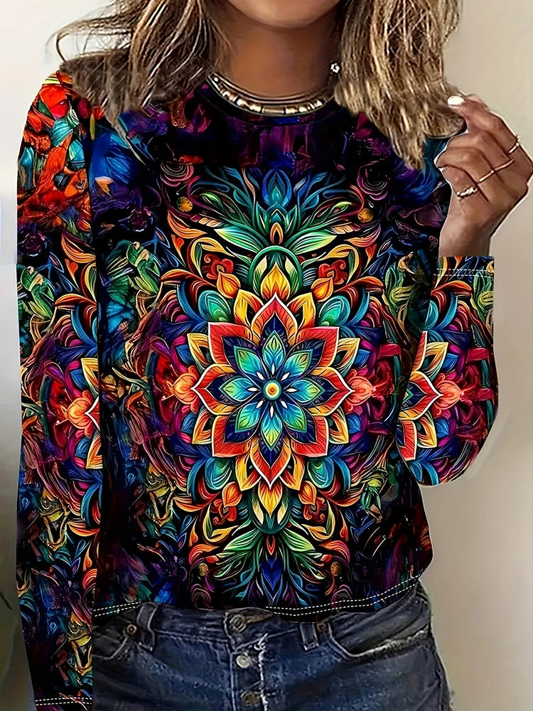 Magliette Calde Da Donna Per Autunno Inverno Maniche Lunghe Stampe Fiori 3D Casual Street Style