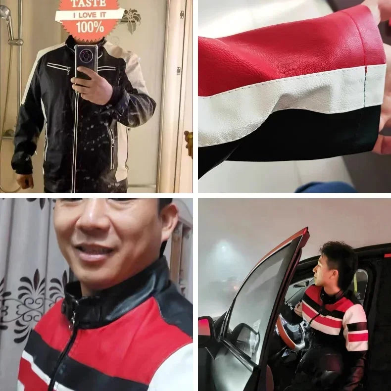 Giacca Da Moto Patchwork Da Uomo In PU Con Colletto Rialzato E Color Blocking Di Alta Qualità