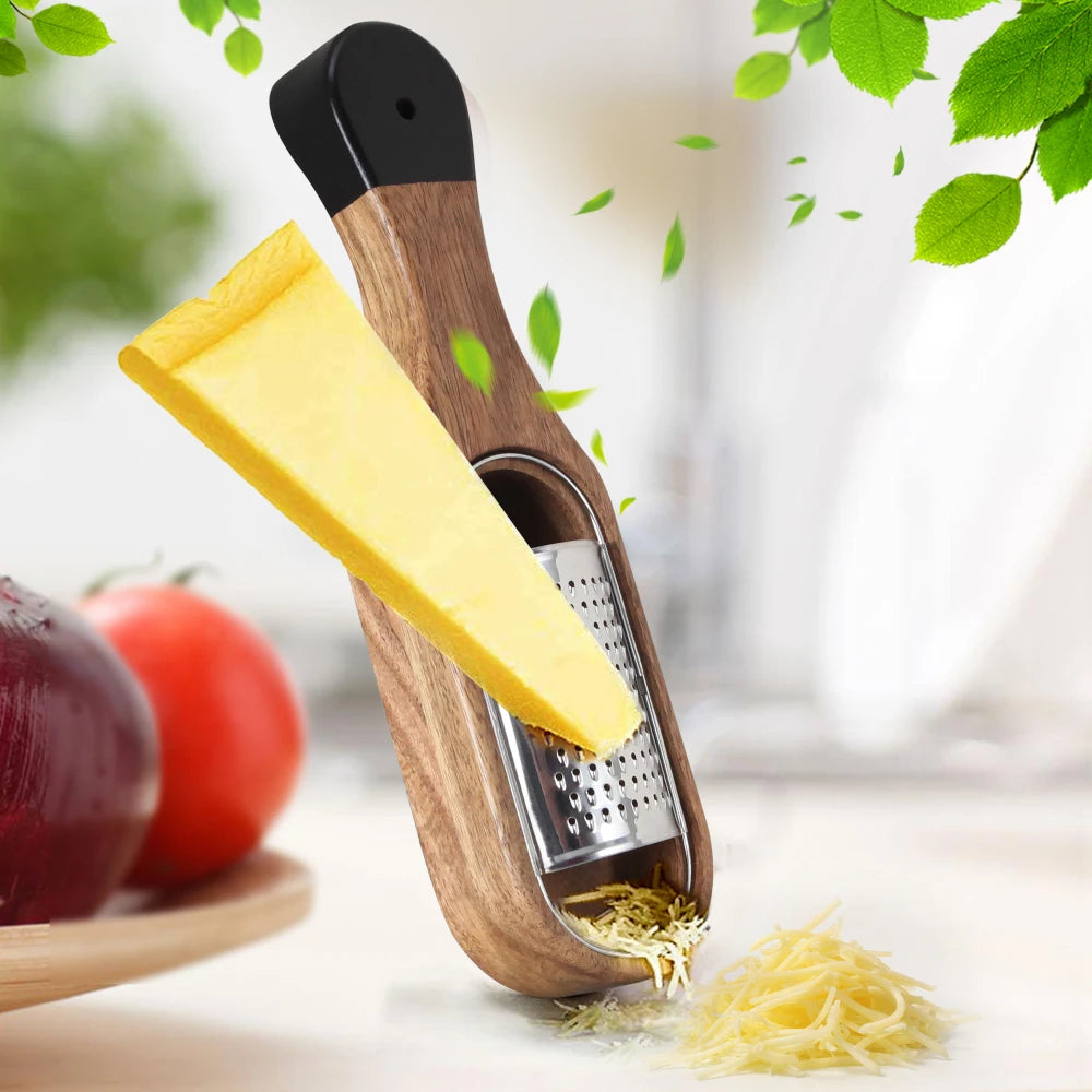 Grattugia Multifunzionale Per Formaggio In Acciaio Inox Con Contenitore Rimovibile In Legno Di Acacia Jaswehome