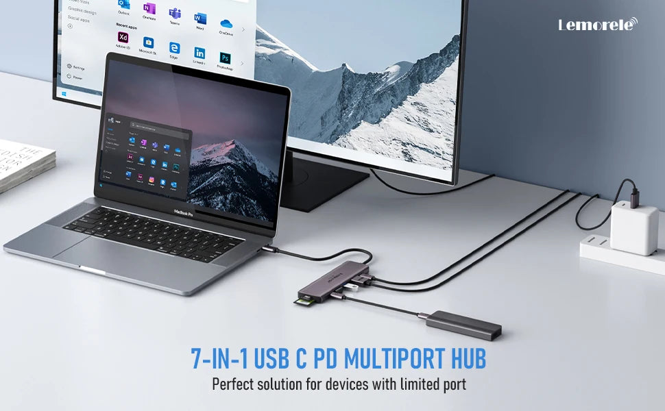 Lemorele Dock USB C 7in1 Hub HDMI 4K 60Hz USB 3.0 PD 100W Carica Per MacBook Pro Laptop
