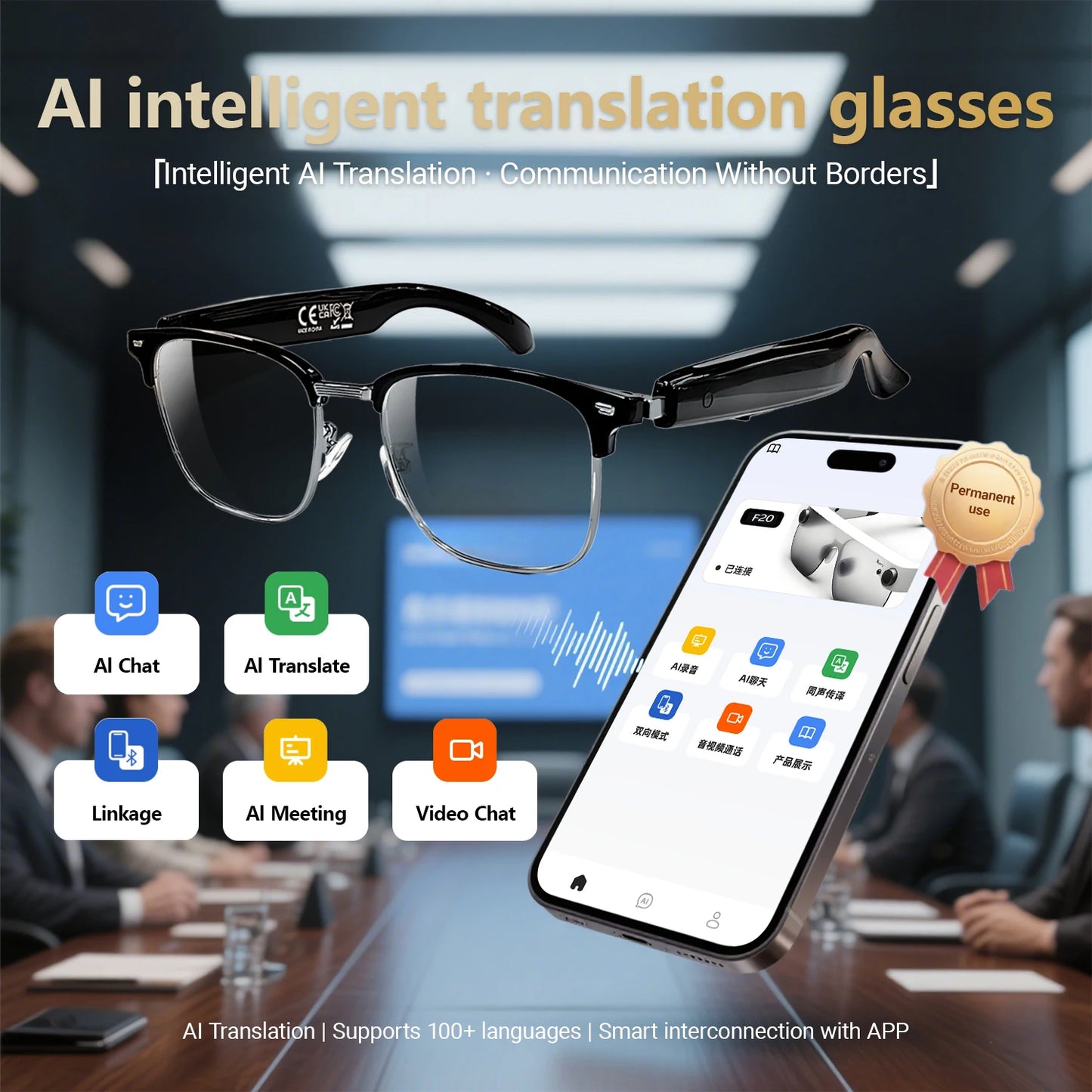 Occhiali Intelligenti Bluetooth Con Assistente Vocale Traduzione AI Chiamate Controllo Fotocamera Luce Blu Uomo Donna
