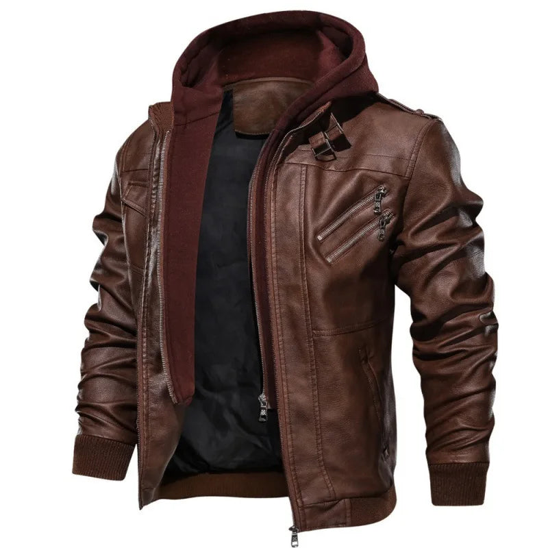 Giacca Da Moto In Finta Pelle Marrone Per Uomo Con Cappuccio Rimovibile In PU Apparway EU Taglia Alta Qualità
