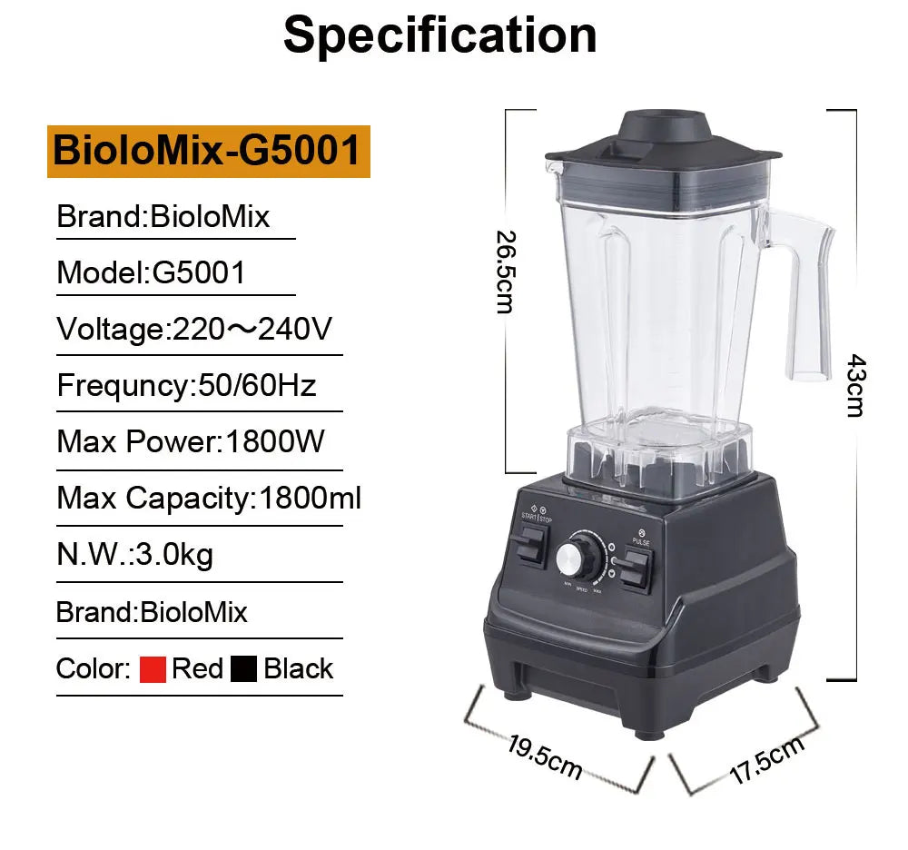 Biolomix Mini Pro Frullatore 1800W Con Barattolo Principale Da 1,8 L E Tazza Portatile Da 0,6 L Senza BPA