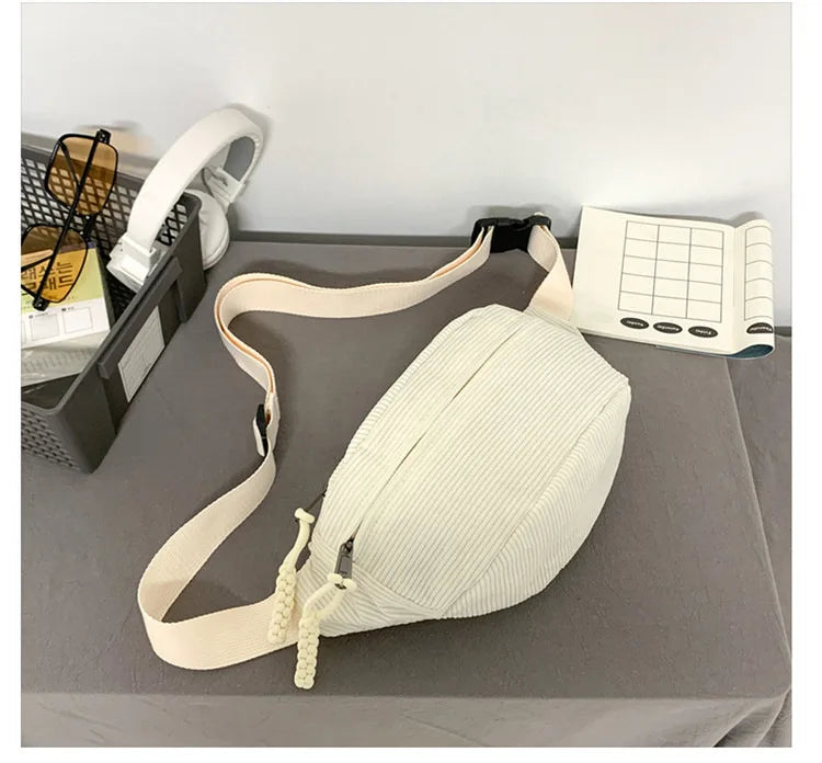 Marsupio da Donna in Velluto a Coste di Grande Capacità Borsa da Petto Stile Street Borsa a Tracolla Cintura Casual