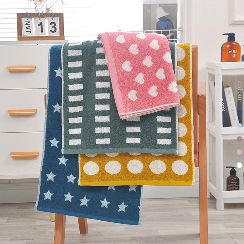 Asciugamano Viso In Cotone Morbido Stile Retrò Cuore Stelle Pois Super Assorbente 34x74 Cm Adulti E Bambini