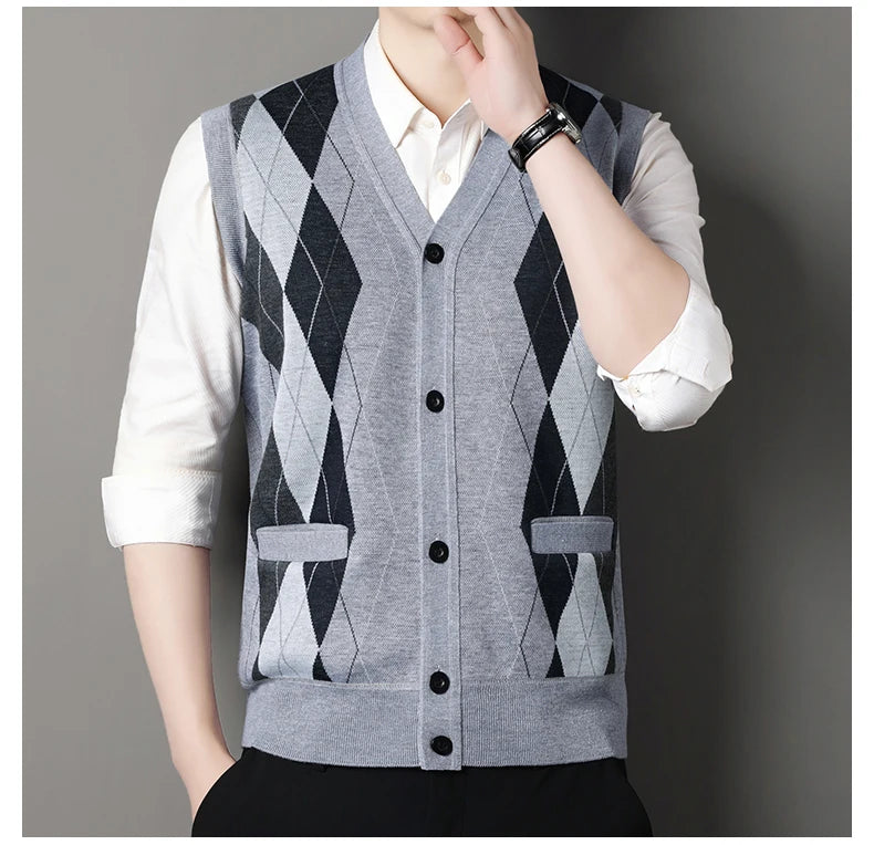 Gilet Maglione Da Uomo Con Scollo A V Senza Maniche Lavorato A Maglia Tinta Unita Con Motivo A Rombi