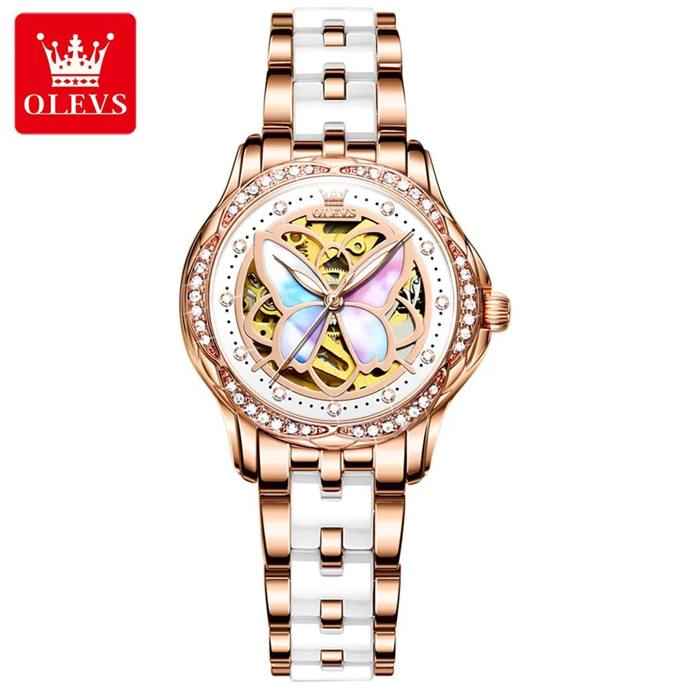 OLEVS Orologio Da Donna Meccanico Automatico In Ceramica Lunetta Originale Impermeabile Luminoso Quadrante A Farfalla