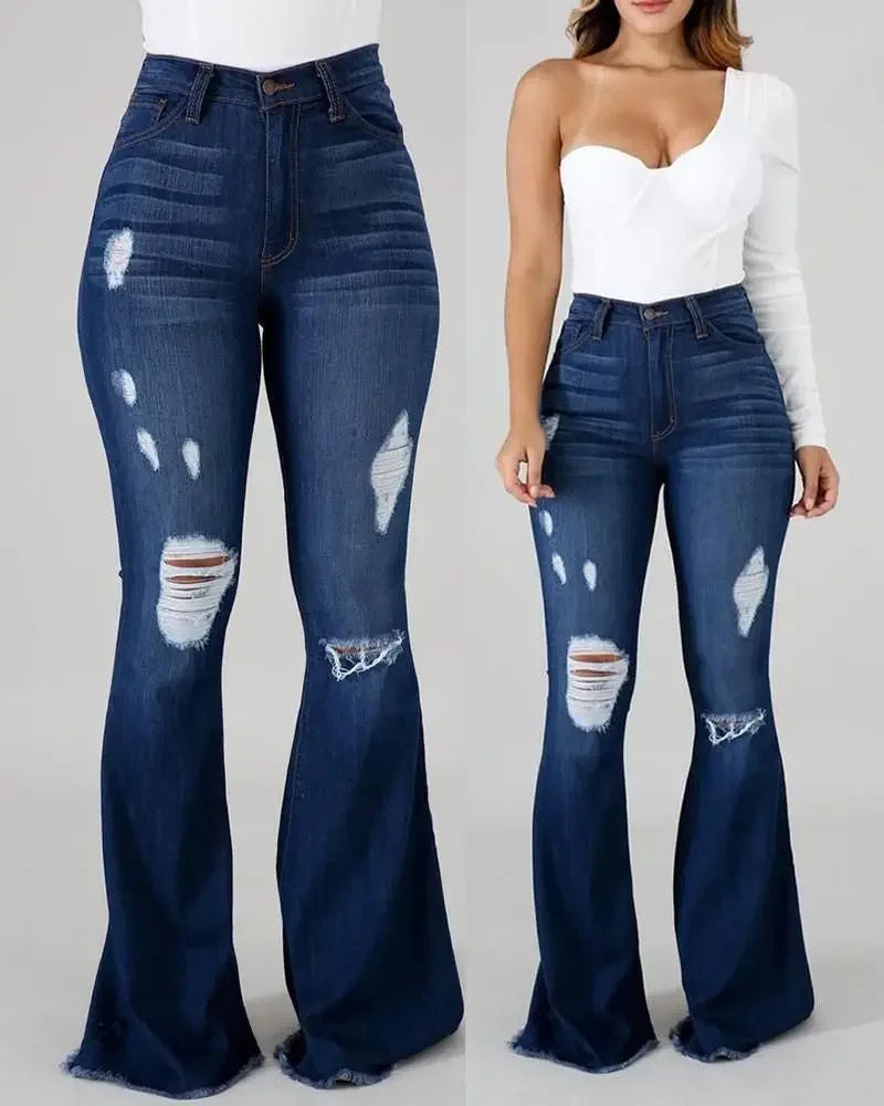 Jeans Zampa Elefante Vita Alta Da Donna Con Strappi Pantaloni Lunghi Super Elastici Design Lavato Origine Cinese
