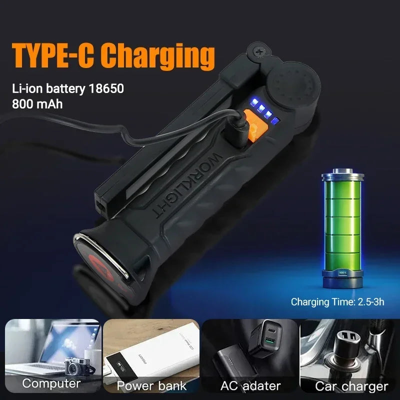 Torcia Portatile A LED COB Ricaricabile USB Lanterna Magnetica Con Batteria Incorporata Per Campeggio E Lavoro