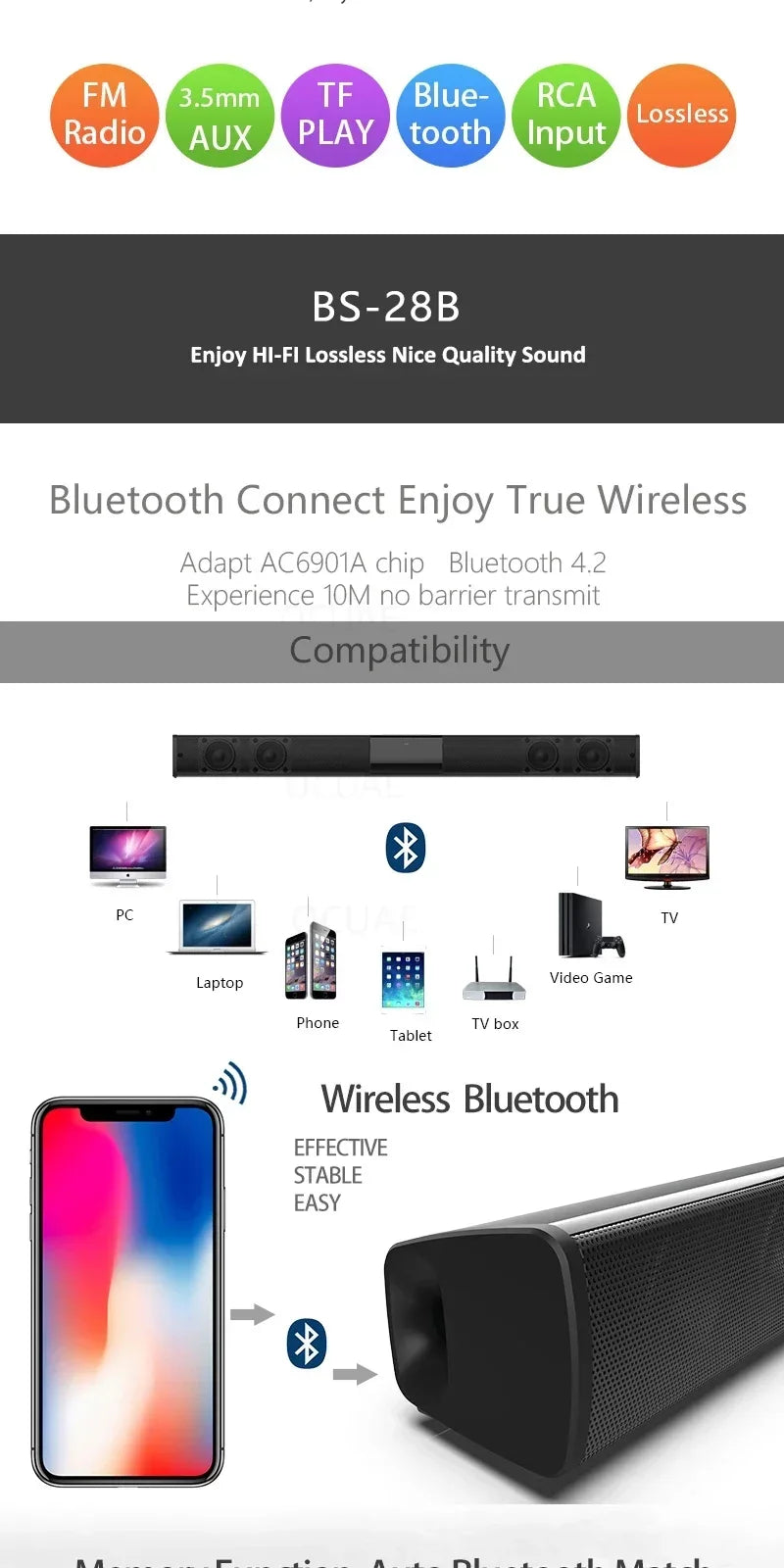 Barra Audio Portatile Potente Altoparlante Bluetooth Senza Fili Surround Stereo Per TV Subwoofer Radio FM Caixa De Som