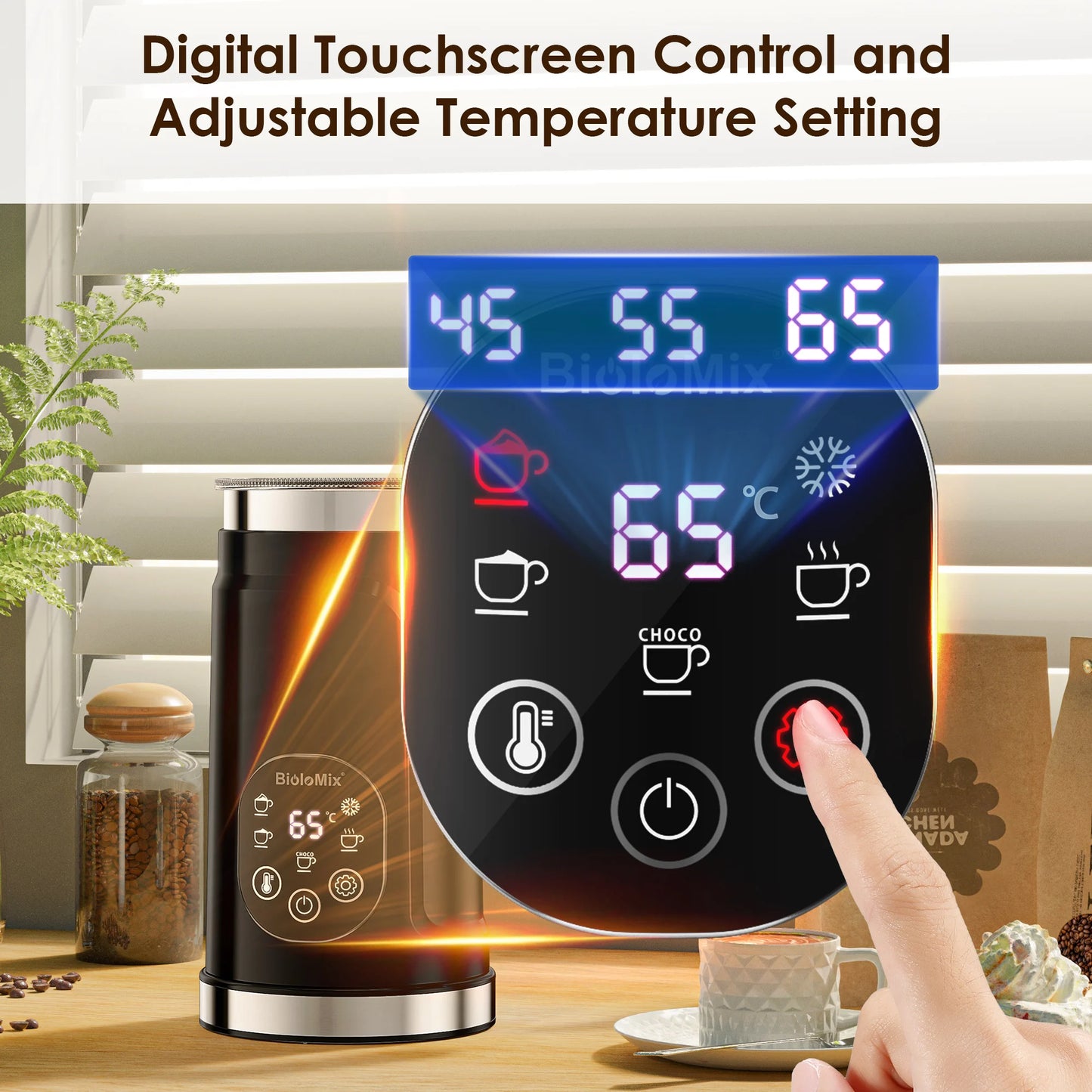 Biolomix Montalatte Intelligente 5 in 1 con Display Touch LED Schiuma Calda e Fredda per Caffè e Latte