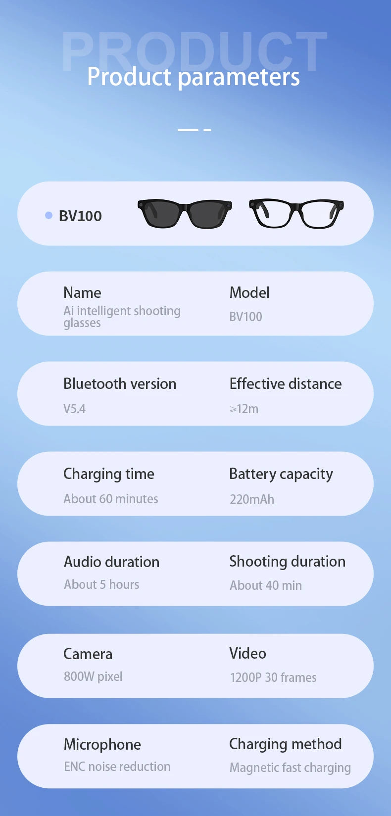 Occhiali Intelligenti Blackview BV100 Fotocamera HD Batteria Bluetooth 5.4 220 mAh Microfono Cancellazione Rumore