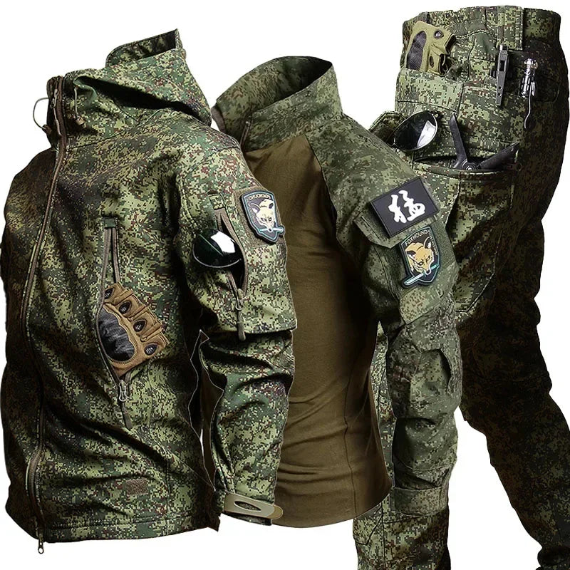 Tuta Soft Shell Uniforme Militare Con Cappuccio Pantaloni Cargo Traspiranti Set Da Caccia Multitasche
