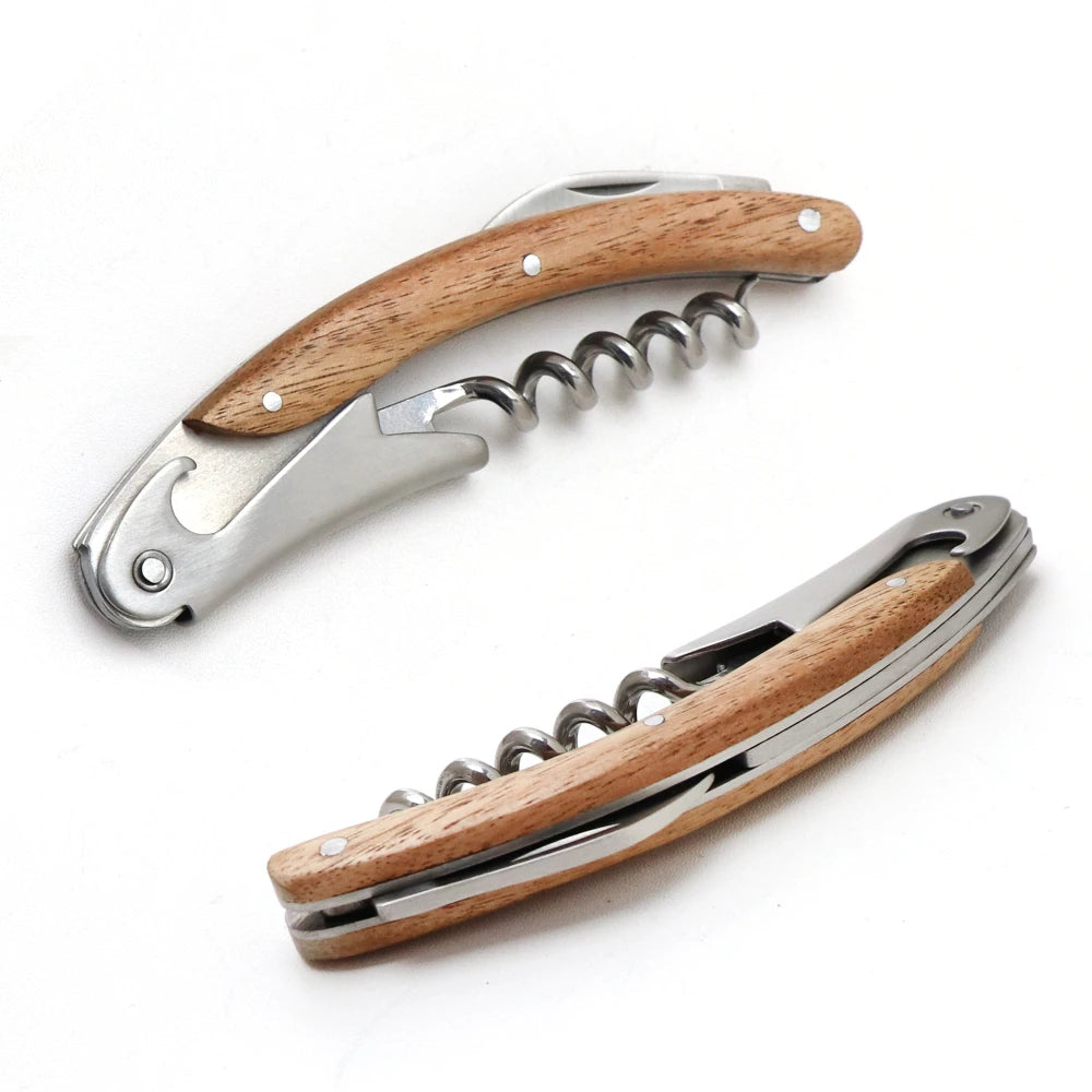 Set Apribottiglie in Legno Naturale 1 2 o 4 Pezzi Cavatappi Micro Serrato con Coltello Affilato per Vino e Birra
