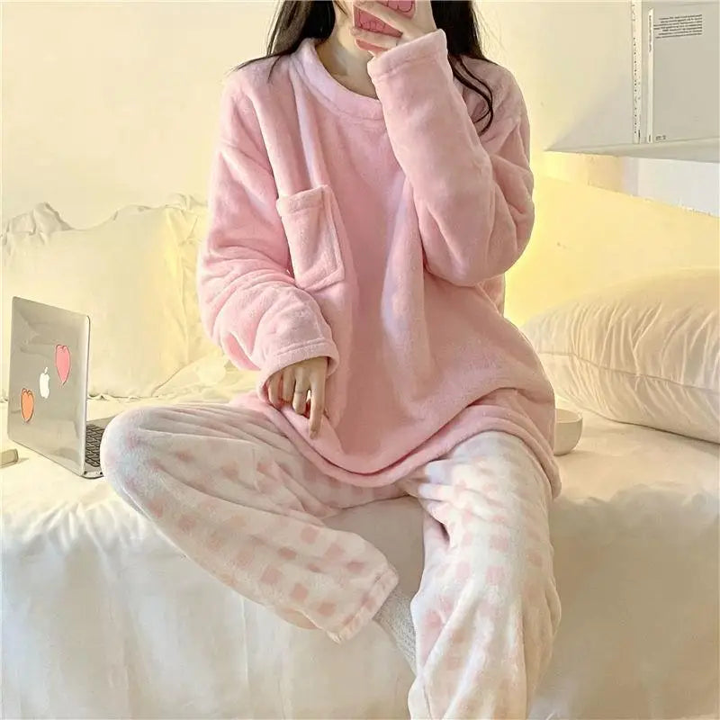 Pigiama Da Donna Caldo In Pile Set Pigiama Invernale Morbido Top Solido E Pantaloni Scozzesi Per Casa