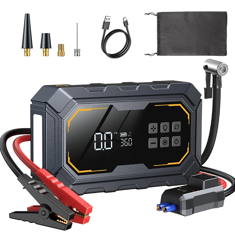 Avviatore Emergenza 4 In 1 Auto Con Compressore 150 PSI Gonfiatore Pneumatici Power Bank 12V Torcia LED 6000mAh